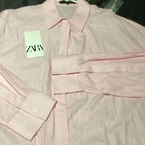 Zara Linen Blend Cinched Waist Light Pink Shirt.